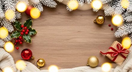 Create stunning holiday promotions with this rustic wooden background framed by festive Christmas decorations and soft string lights for a cozy winter vibe.