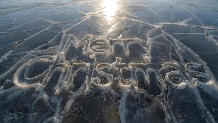 Merry Christmas Written in Ice, Winter Holiday Message on Frozen Lake, Festive Season Greetings Carved on Ice Surface, Seasonal Holiday Decoration
