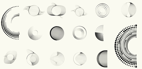 Fototapeta na wymiar Collection of vector design elements. Set of logos with lines, spirals and circles. Various forms of line and dots design.Vector logo collection. Bundle of circle icons and elements. Set of lines art.