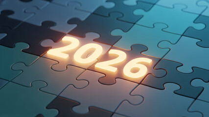 Fototapeta premium A glowing 2026 number on a 3D puzzle background, a perfect illustration for a corporate business plan, a strategic goals presentation or a special 2026 event flyer Modern wallpaper