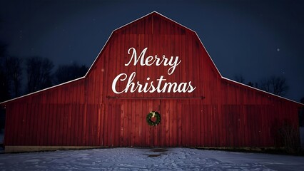 Rustic Red Barn Holiday Greetings, Snowy Christmas Eve Barn Scene with Merry Christmas Message