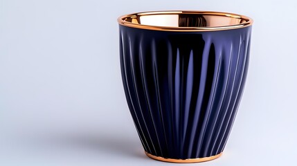 Fototapeta premium Elegant navy blue ceramic cup with gold rim on white background, featuring vertical ribbed texture design for modern home decor.