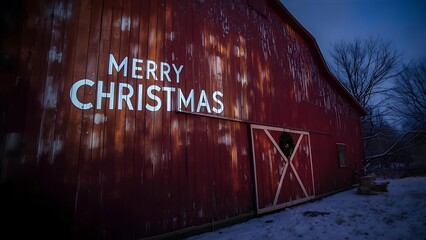 Rustic Charm: Red Barn Decked with Festive 'Merry Christmas' Greeting, Winter's Embrace: Red Barn with 'Merry Christmas' Greeting in Snow-Covered Scene