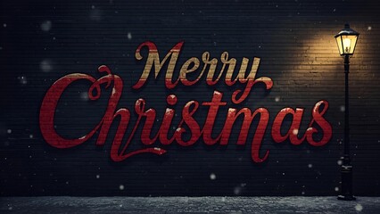 Merry Christmas Holiday Greeting on a Black Brick Wall with Snow and a Lamppost, Christmas Card Background with Vintage Festive Wishes