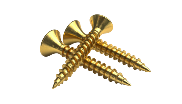 Three shiny gold screws intersecting on a black background