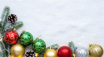 Festive Christmas ornaments and pinecones scattered on snowy backdrop create a whimsical winter wonderland scene, perfect for holiday cheer and seasonal greetings.