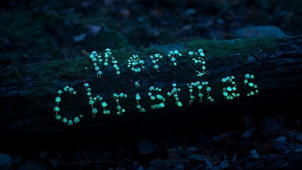Magical Forest Greetings: Luminous Mushrooms Spell Out Christmas Cheer on a Mossy Log,  A Whimsical Woodland Christmas: Bioluminescent Fungi Illuminate the Forest with Holiday Greetings