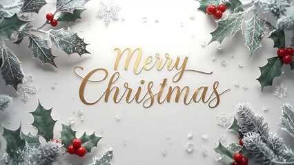 Festive Holiday Greetings with Golden Typography and Winter Foliage, Merry Christmas Card Design with Holly Berries and Snowflakes on White Background