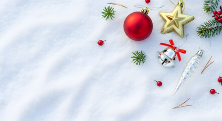 Festive Christmas ornaments and pinecones scattered on snowy backdrop create a whimsical winter wonderland scene, perfect for holiday cheer and seasonal greetings.