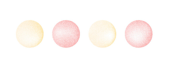 Red and yellow gradient noise round element set. Powder dotwork gradation circles. Pastel pink and golden textured shapes. Kids geometric sand diffuse effect callouts. Vector paint spray icons.