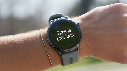 A close up of a person s wrist wearing a smartwatch displaying the motivational phrase time is precious in white text