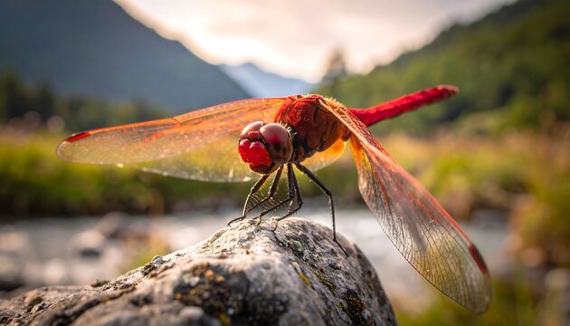 Red dragonfly perches on a rock, wings spread, with blurred background of mountains, grass, and creek