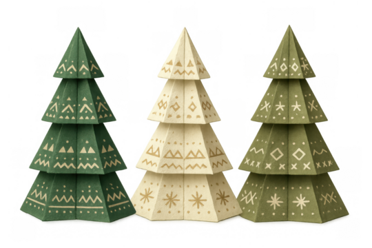 Papercraft christmas trees with scandinavian folk patterns, festive holiday decoration, transparent background