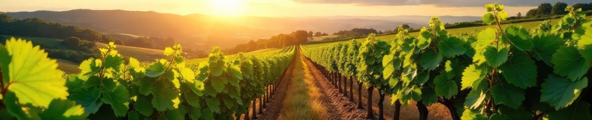 Sun-drenched vineyards stretching to the horizon, lush green vines heavy with ripening grapes, creating a picturesque winery landscape ideal for wine labels or website backgrounds , farming, vine