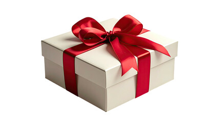 Gift box off-white box tied with vibrant red ribbon