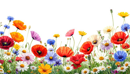 Assorted bright wildflowers, vibrant and varied against black