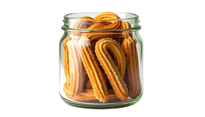 Churros stacked upright in a glass jar, ready to eat