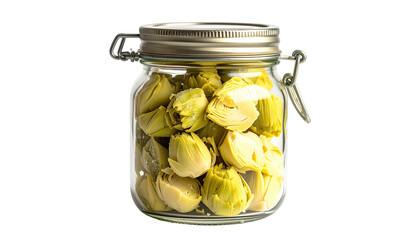 Jar filled with pale green pickled artichoke hearts, metal clasp
