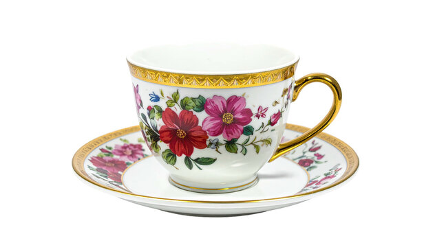 Floral tea cup with gold trim and saucer, isolated, bright - Powered by Adobe