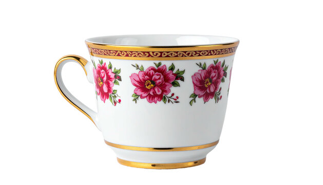Elegant teacup featuring roses, gold trim, on black background