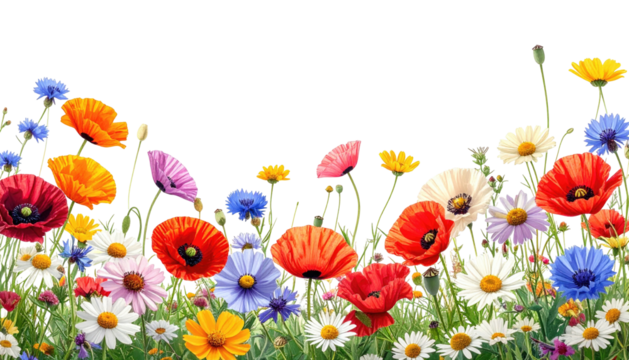 Assorted bright wildflowers, vibrant and varied against black