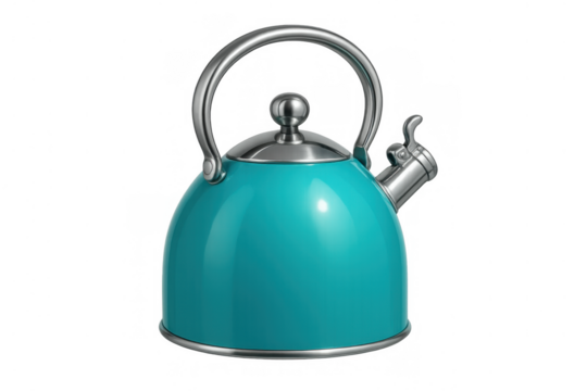 Teal whistling tea kettle for hot water, a household kitchenware utensil with retro style, isolated on transparent background