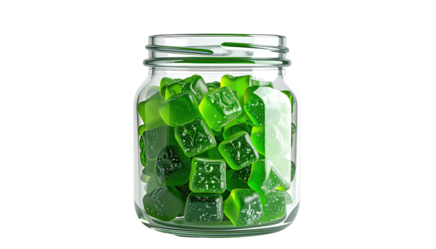 Glass jar is filled with square green gelatinous treats
