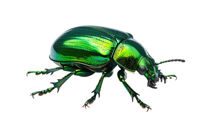 Iridescent green beetle with detailed features on black