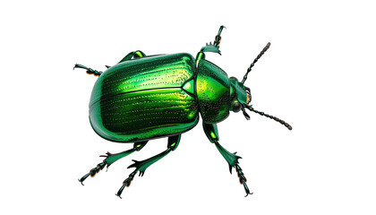 Iridescent green beetle with segmented body on dark backdrop