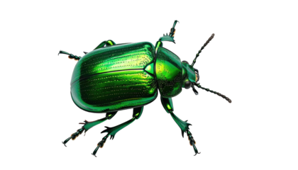 Iridescent green beetle with segmented body on dark backdrop