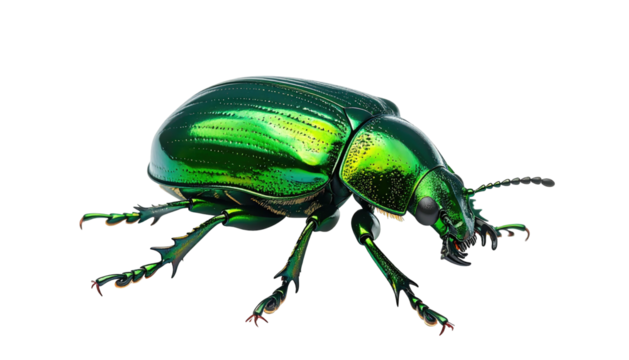 Iridescent green beetle with detailed features on black