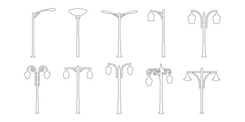 CAD Drawings. Side views of various modern and classic streetlights outline isolated on white background. Vector illustration.