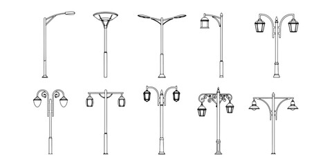 CAD Drawings. Side views of various modern and classic streetlights isolated on white background. Vector illustration.