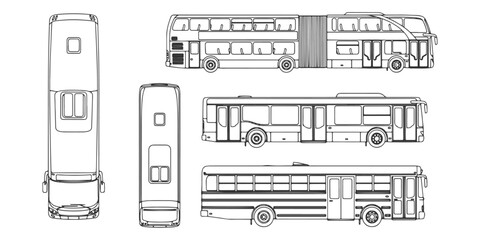 CAD Drawings. Top view of different buses isolated on white background. Vector illustration.