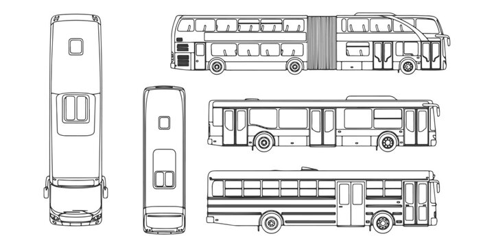 CAD Drawings. Top view of different buses isolated on white background. Vector illustration.