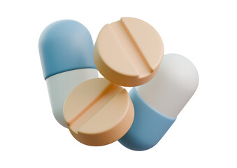 Pills and capsules isolated on transparent background for medical treatment concept