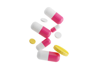 Falling pills and tablets isolated on transparent background for medical treatment