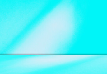 Blue background, wall summer backdrop, studio room loft table with natural shadow on wall floor, mockup pastel abstract interior modern empty for presentation travel product winter spring season