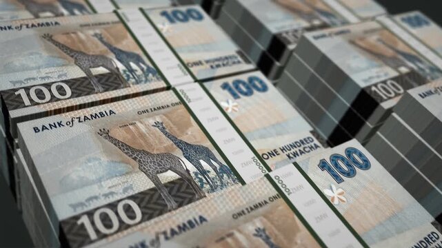 Zambia kwacha Zambian money pack loop 3d animation. Loopable seamless concept of finance, cash, economy, business and bank. Camera moving over 100 ZMW banknote bundle stacks.
