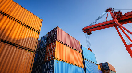 Fototapeta premium Colorful metal cargo containers stacked high beneath a clear blue sky, highlighted by the presence of a large, red harbor crane in the background.