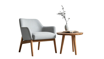 Armchair & round table with book and vase against dark background