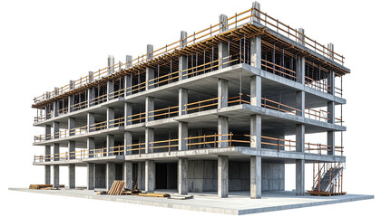 Building under construction, concrete frame, wooden railings
