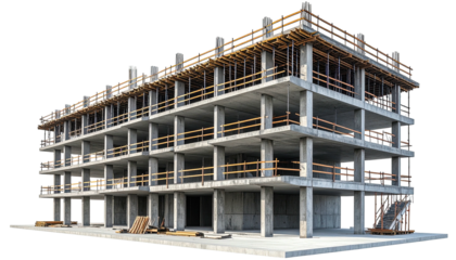 Building under construction, concrete frame, wooden railings