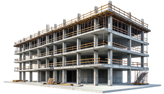 Building under construction, concrete frame, wooden railings