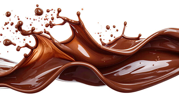 Swirling chocolate wave with splatters, on a black background