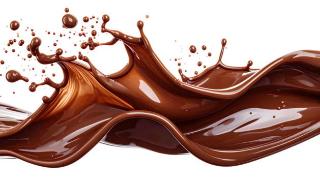 Swirling chocolate wave with splatters, on a black background