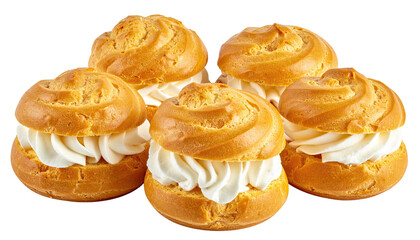 Five cream puffs piled, filled with fluffy white cream