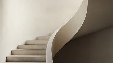 Naklejka premium This modern stairwell is a sculptural focal point, defined by its gentle curves and monochromatic scheme. The design features minimalist elegance, a seamless blend of form.
