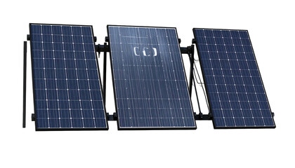 Three blue solar panels angled against a dark background