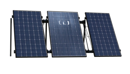 Three blue solar panels angled against a dark background